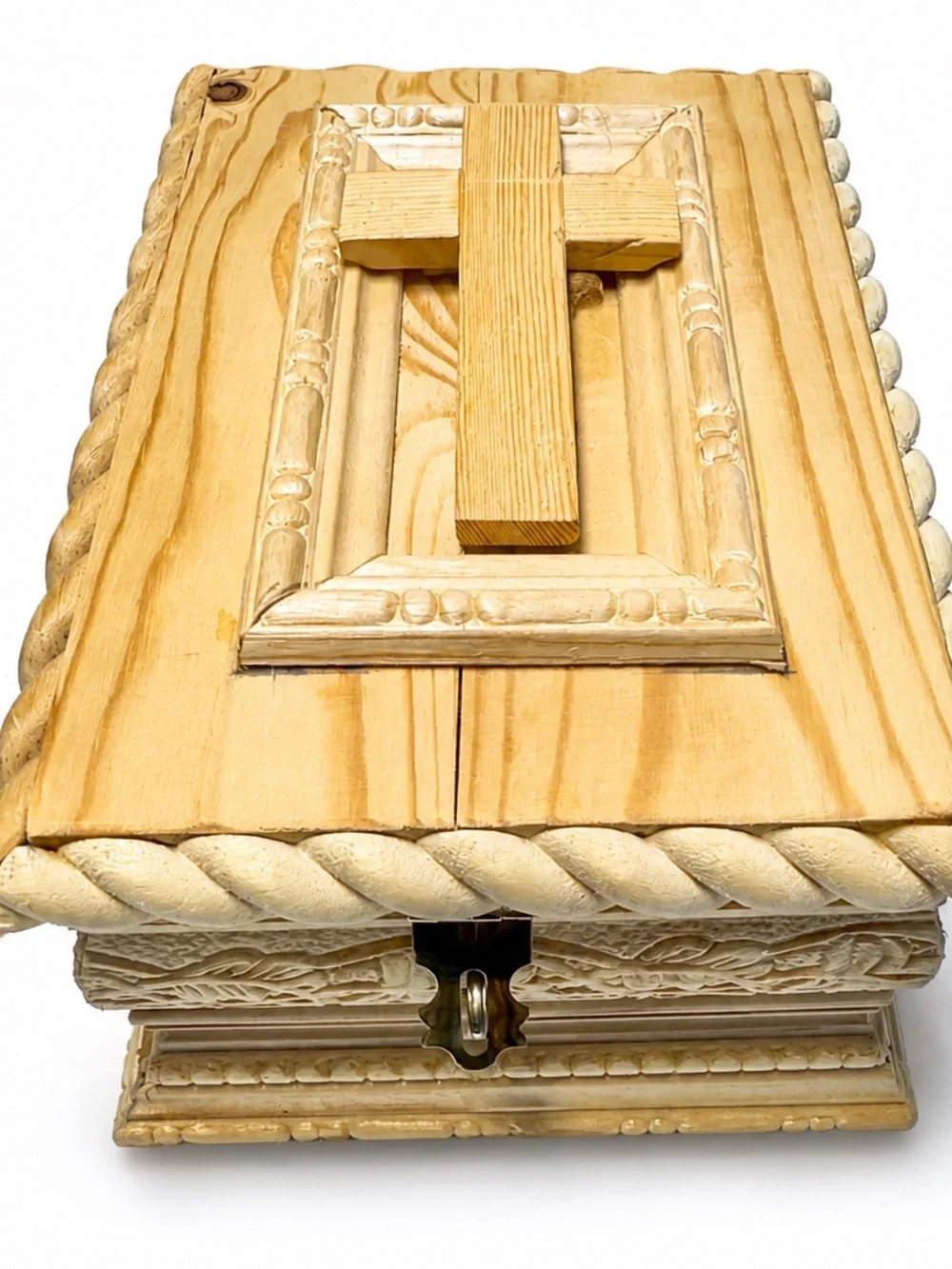 Wooden Decorative Prayer Box with Cross - Light Natural Finish